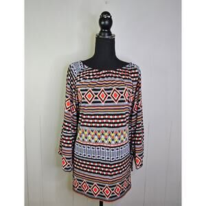 Ali Miles Printed Aztec Geometric Tunic Blouse Size Large Matte Jersey Stretch